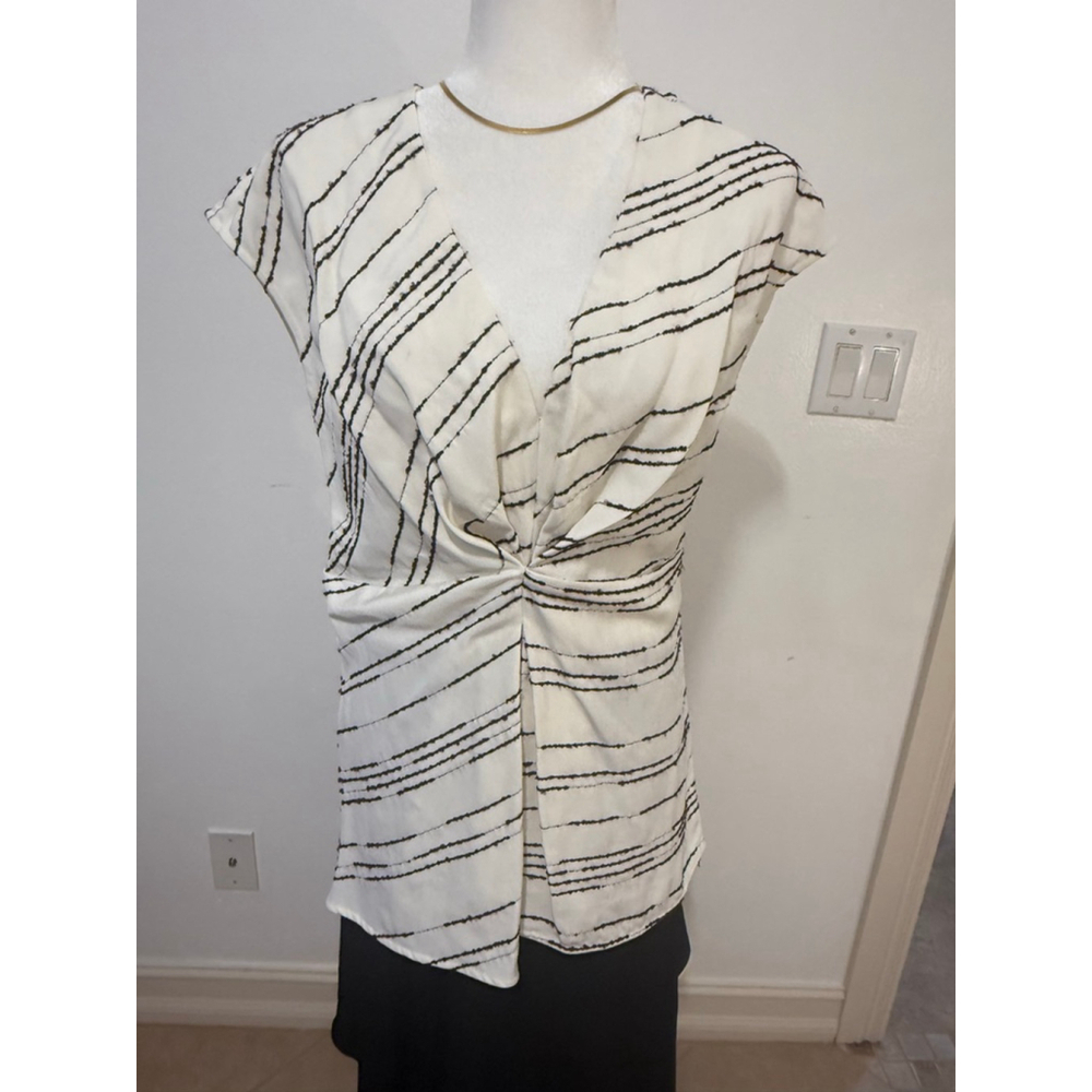 Proenza Schouler NWT Blouse Size 8 White Brown Striped, pleats, twist, cap slee